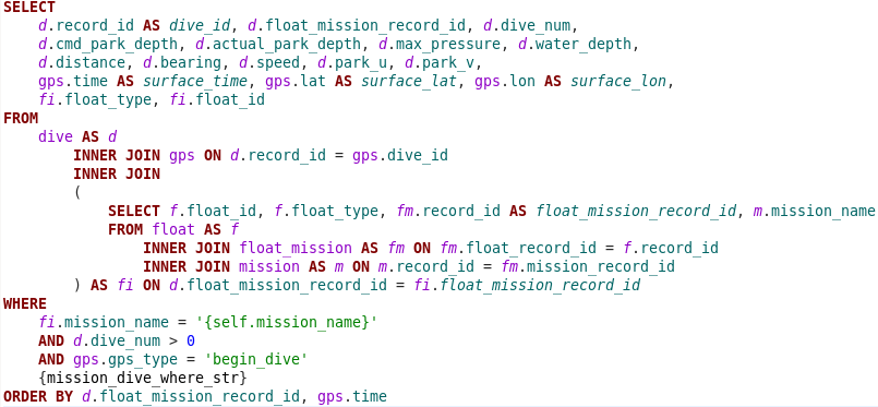 SQL code for querying dives